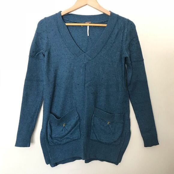 Free people S blue cotton v Neck sweater pockets - Picture 2 of 7